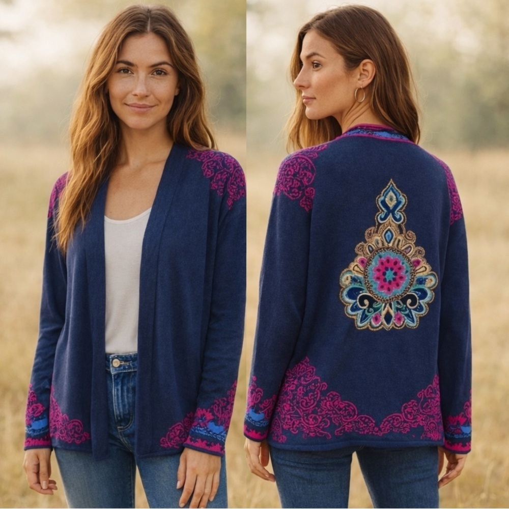 IVKO Embroidered Cardigan Navy Multicolor Boho Knit EU 40 Medium